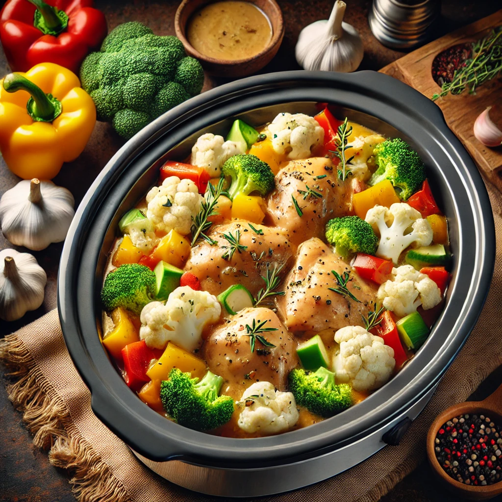 Slow cooker with keto vegetables and chicken in garlic butter sauce